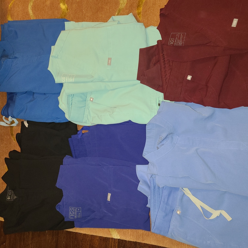 Figs Scrub Tops in Blue, Black, and Burgundy